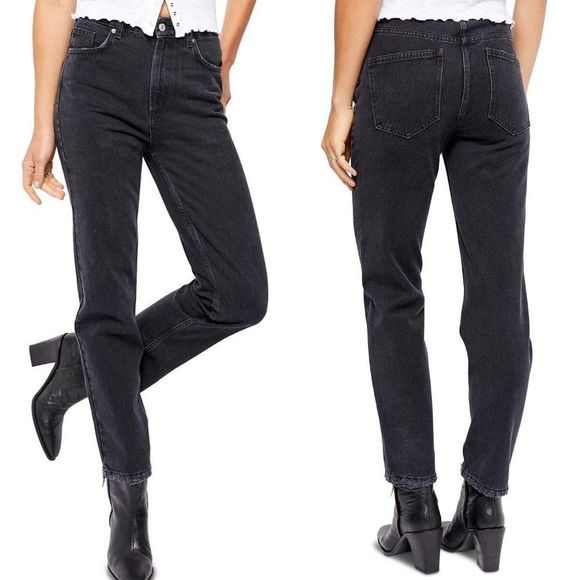 Free People Dakota Straight Leg Destructed Hem High Rise Pitch Black Denim Jeans - Picture 10 of 11